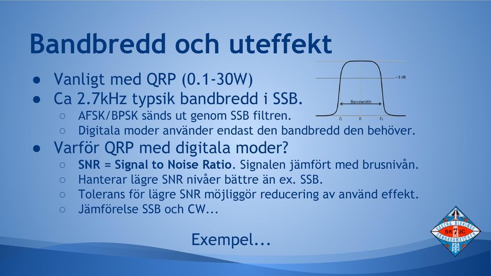 Varför QRP med digitala moder? SNR = Signal to Noise Ratio. Signalen jämfört med brusnivån.