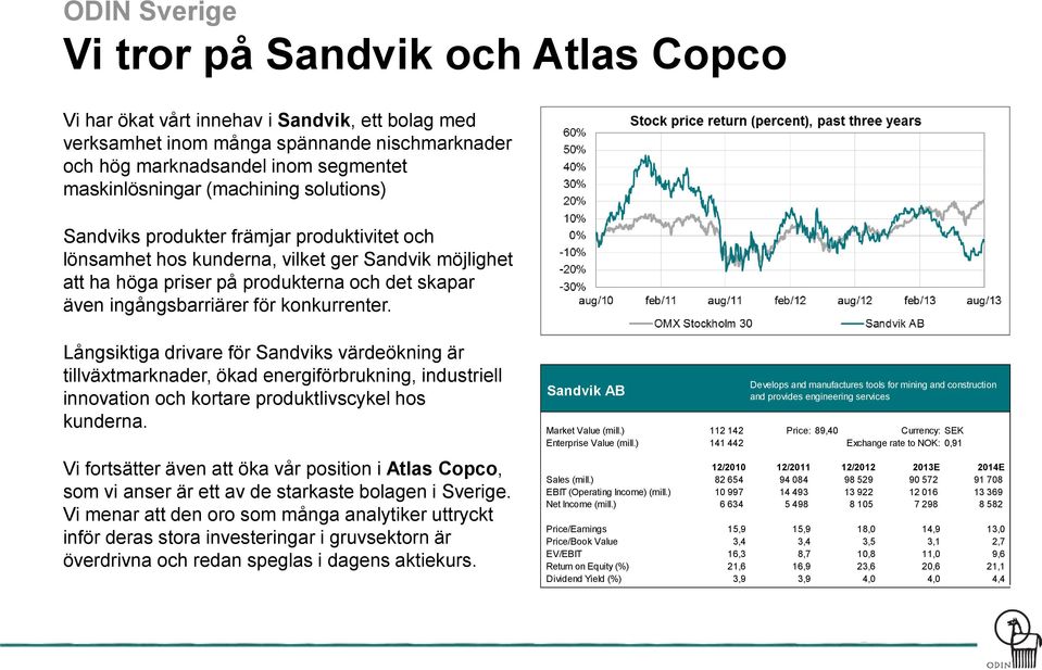 konkurrenter. Långsiktiga drivare för Sandviks värdeökning är tillväxtmarknader, ökad energiförbrukning, industriell innovation och kortare produktlivscykel hos kunderna.