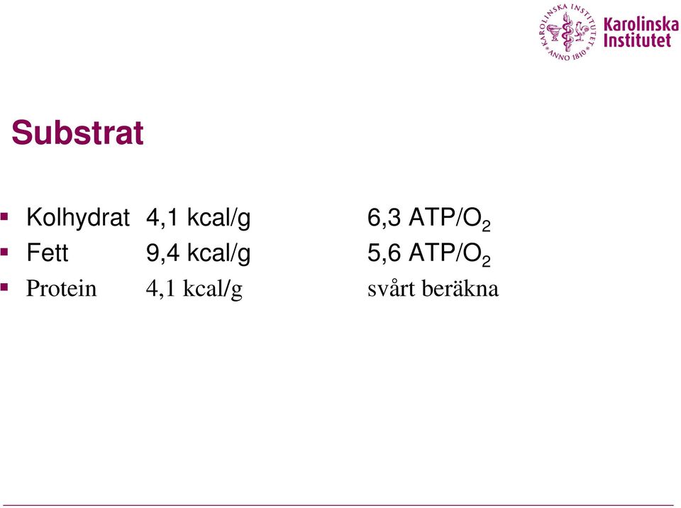 9,4 kcal/g 5,6 ATP/O 2