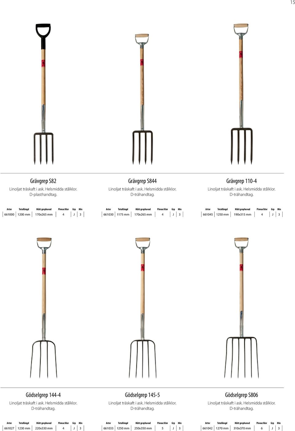 Artnr Totallängd Mått grephuvud Pinnar/klor Grp Min 661000 1200 mm 170x265 mm 4 J 3 Artnr Totallängd Mått grephuvud Pinnar/klor Grp Min 661030 1175 mm 170x265 mm 4 J 3 Artnr Totallängd Mått grephuvud