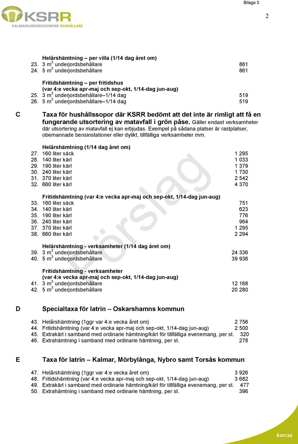 5 m 3 underjordsbehållare 1/14 dag 519 C D Taxa för hushållssopor där KSRR bedömt att det inte är rimligt att få en fungerande utsortering av matavfall i grön påse.