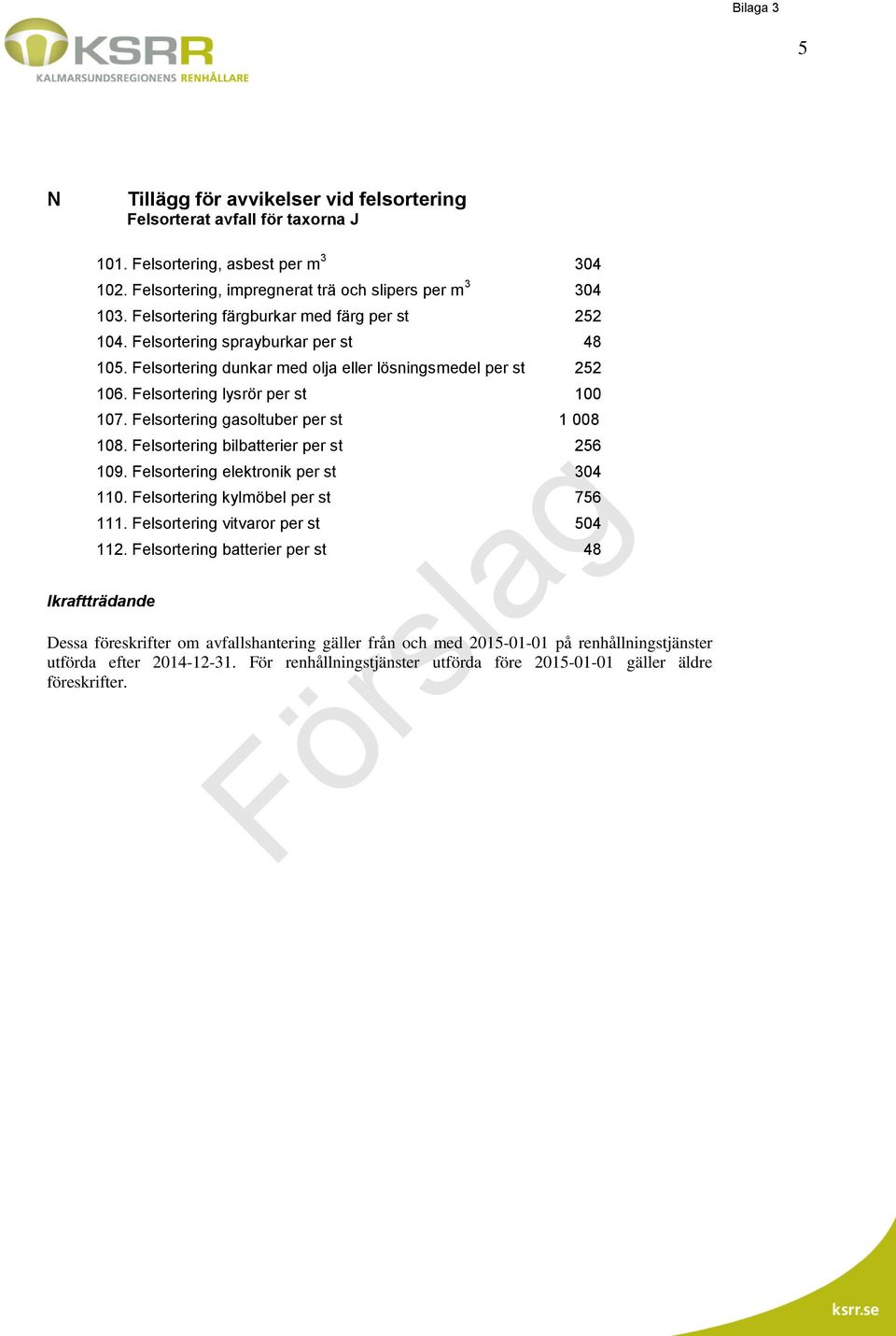 Felsortering gasoltuber per st 1 008 108. Felsortering bilbatterier per st 256 109. Felsortering elektronik per st 304 110. Felsortering kylmöbel per st 756 111. Felsortering vitvaror per st 504 112.