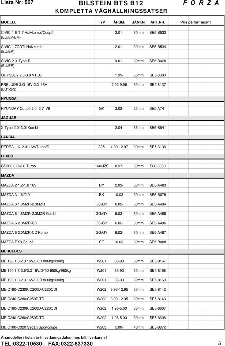 6i-2.0i 16V/Turbo/D 835 4.89-12.97 30mm SE5-8138 LEXUS GS300 3.0i/3.0 Turbo 160/JZS 8.97-30mm S00-8060 MAZDA MAZDA 2 1.2-1.6 16V DY 2.03-30mm SE5-A483 MAZDA 3 1.6i/2.0i BK 10.