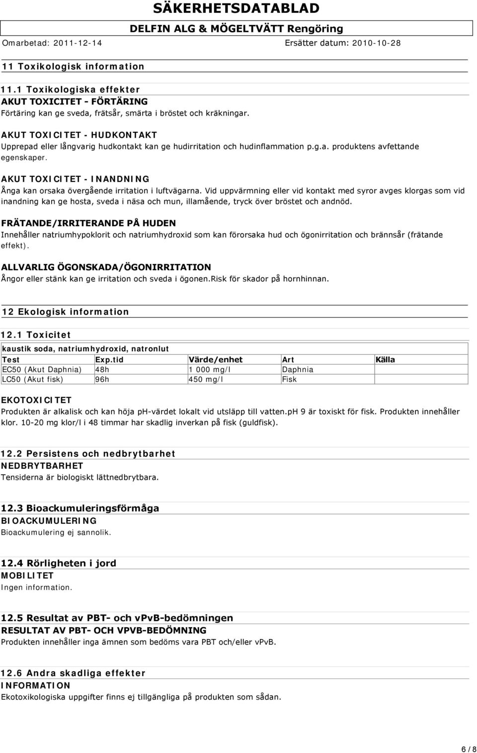 AKUT TOXICITET - INANDNING Ånga kan orsaka övergående irritation i luftvägarna.