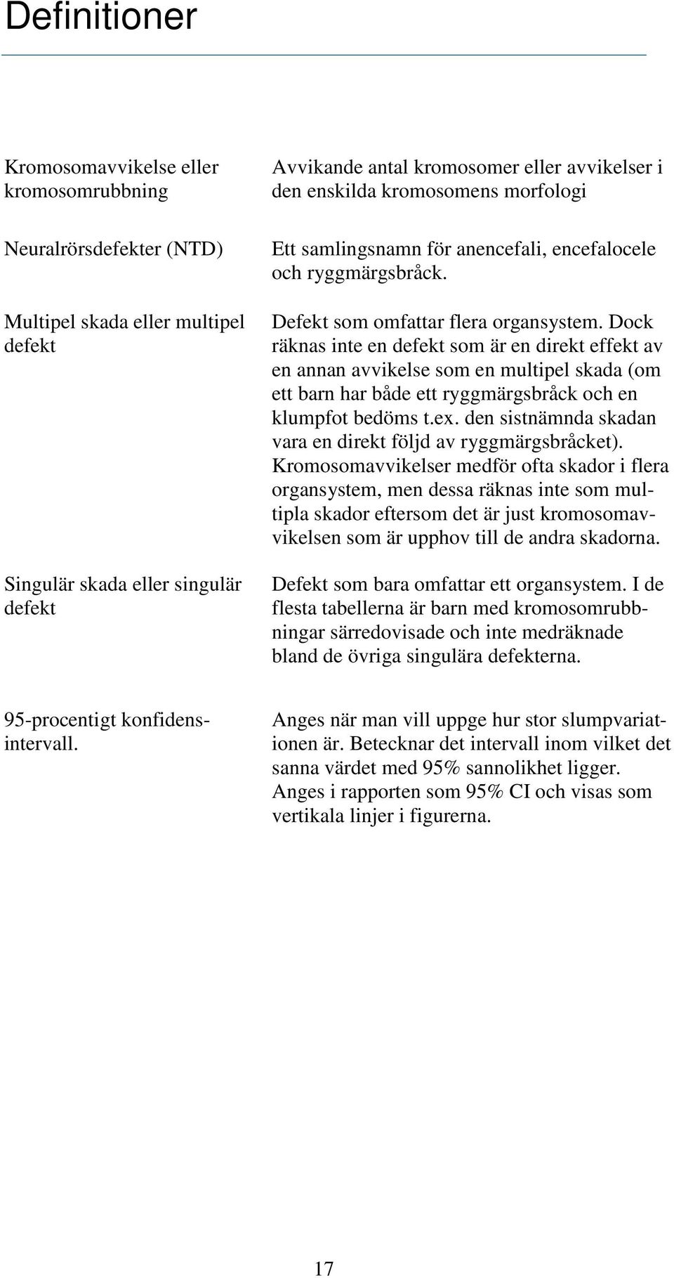 Dock räknas inte en defekt som är en direkt effekt av en annan avvikelse som en multipel skada (om ett barn har både ett ryggmärgsbråck och en klumpfot bedöms t.ex.