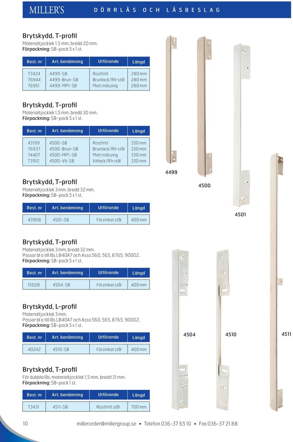 Längd 43199 4500-SB Rostfritt 330 mm 76937 4500-Brun-SB Brunlack/Rfr stål 330 mm 74407 4500-MP1-SB Matt mässing 330 mm 73912 4500-Vit-SB Vitlack/Rfr stål 330 mm Brytskydd, T-profil Materialtjocklek 3