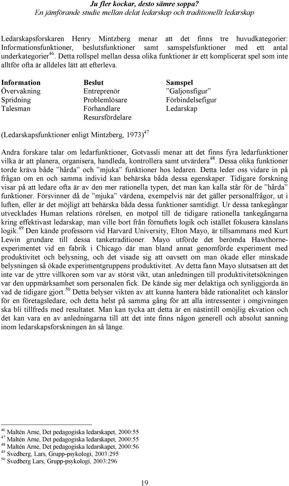 Information Beslut Samspel Övervakning Entreprenör Galjonsfigur Spridning Problemlösare Förbindelsefigur Talesman Förhandlare Ledarskap Resursfördelare (Ledarskapsfunktioner enligt Mintzberg, 1973)