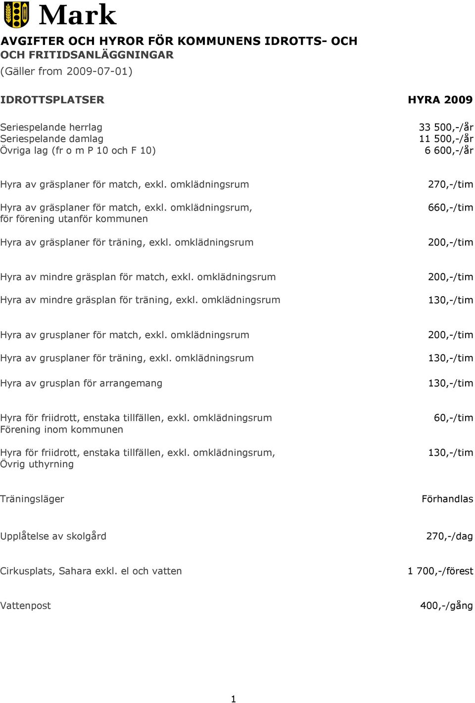 omklädningsrum, för förening utanför kommunen Hyra av gräsplaner för träning, exkl. omklädningsrum 270,-/tim 660,-/tim 200,-/tim Hyra av mindre gräsplan för match, exkl.