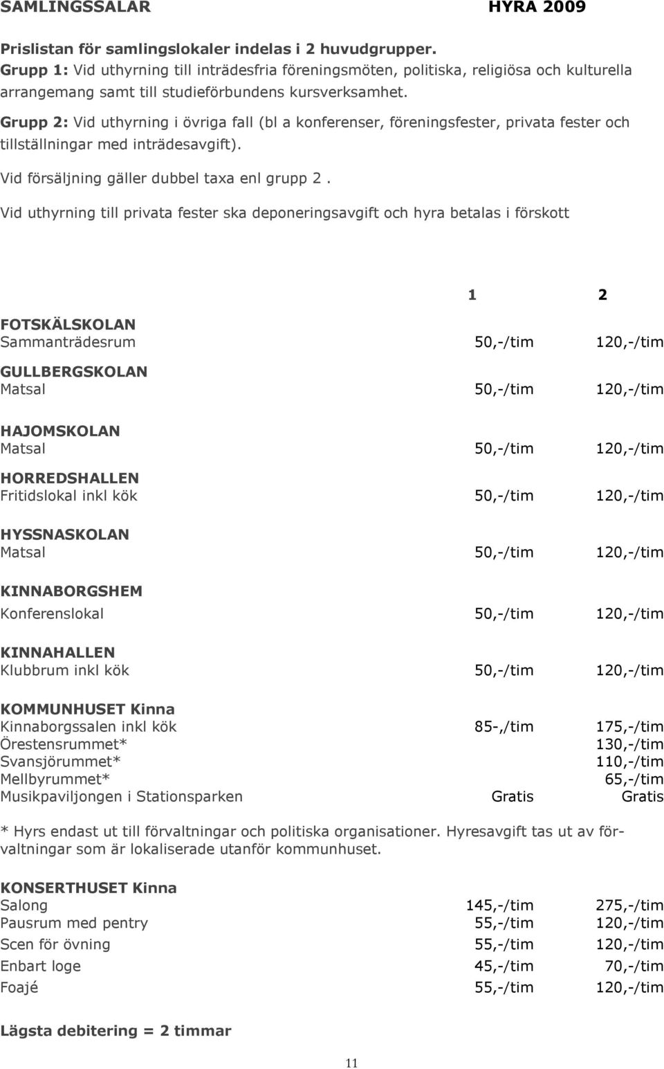 Grupp 2: Vid uthyrning i övriga fall (bl a konferenser, föreningsfester, privata fester och tillställningar med inträdesavgift). Vid försäljning gäller dubbel taxa enl grupp 2.