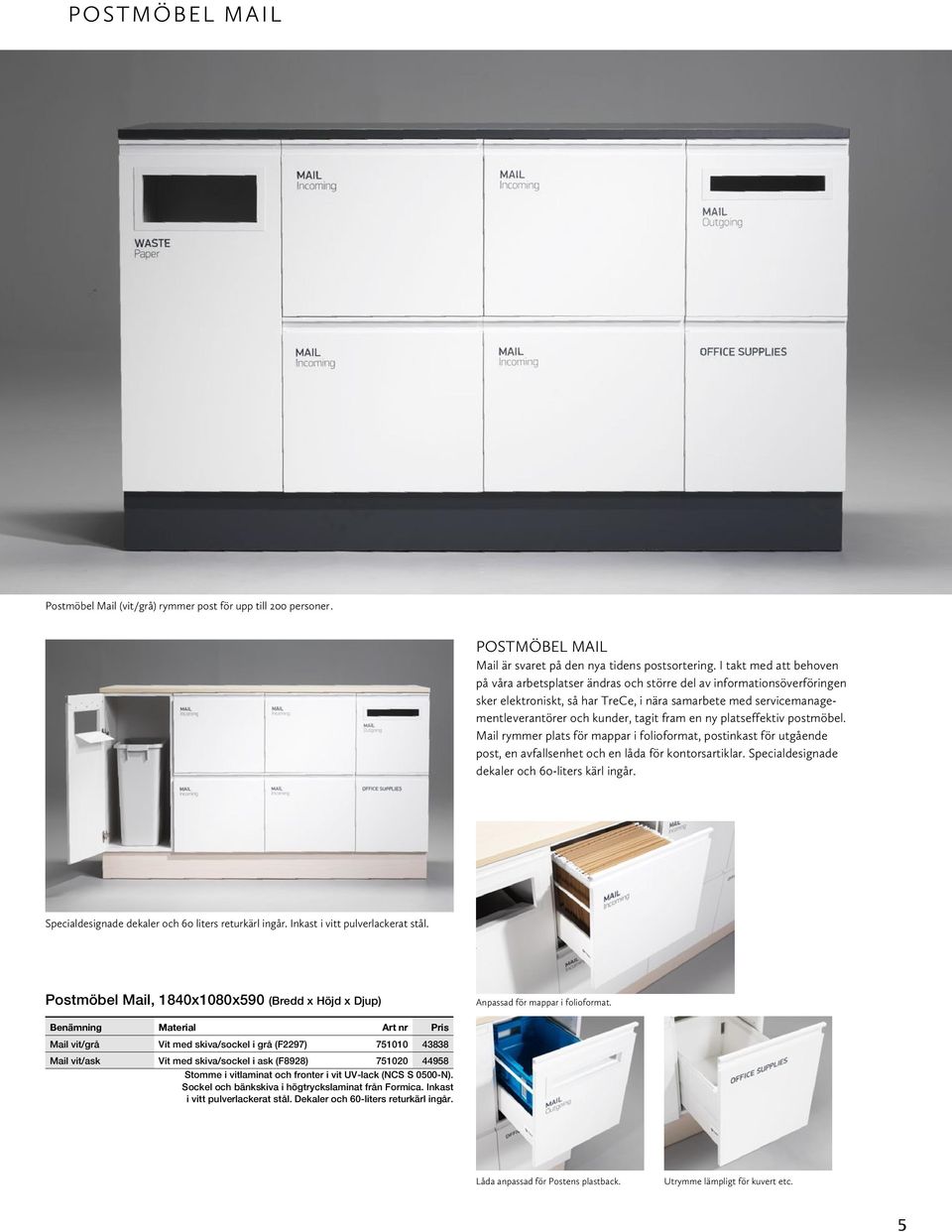 fram en ny platseffektiv postmöbel. Mail rymmer plats för mappar i folioformat, postinkast för utgående post, en avfallsenhet och en låda för kontorsartiklar.
