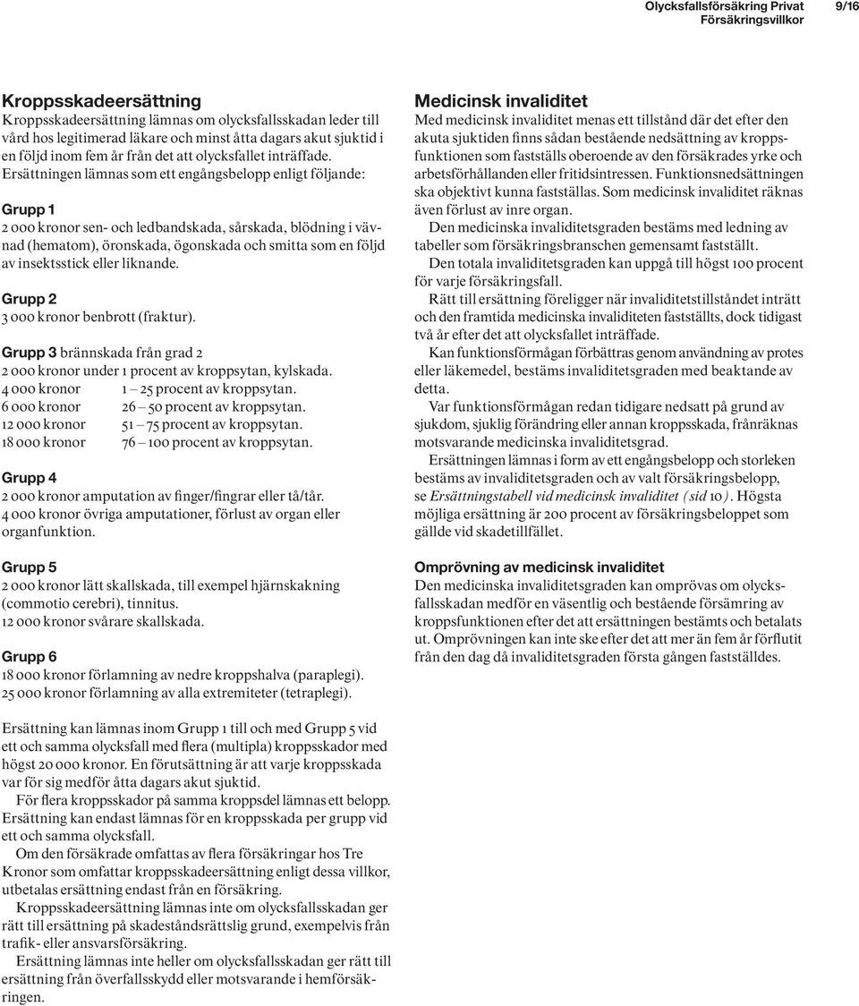 Ersättningen lämnas som ett engångsbelopp enligt följande: Grupp 1 2 000 kronor sen- och ledbandskada, sårskada, blödning i vävnad (hematom), öronskada, ögonskada och smitta som en följd av