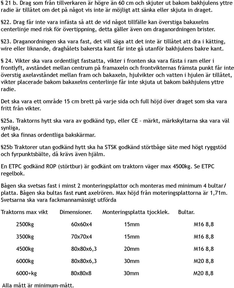 Draganordningen ska vara fast, det vill säga att det inte är tillåtet att dra i kätting, wire eller liknande, draghålets bakersta kant får inte gå utanför bakhjulens bakre kant. 24.