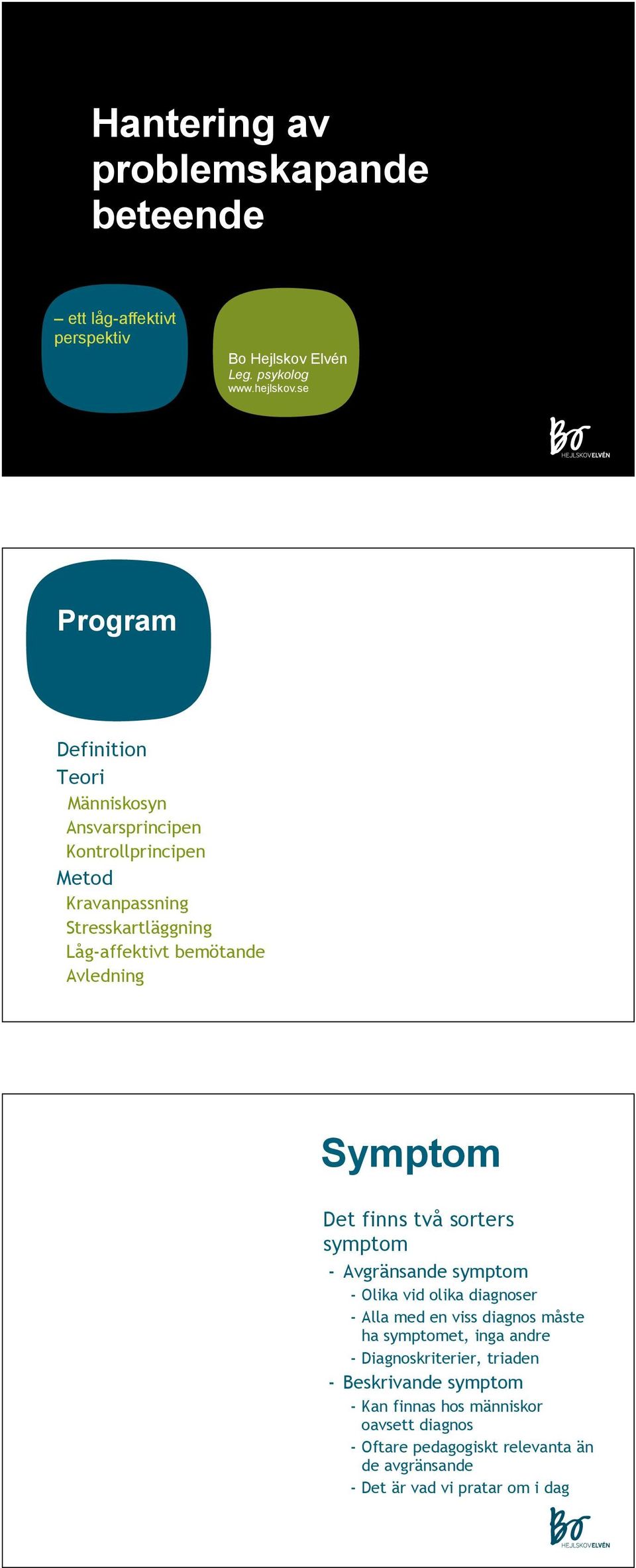 Avledning Symptom Det finns två sorters symptom - Avgränsande symptom - Olika vid olika diagnoser - Alla med en viss diagnos måste ha symptomet,