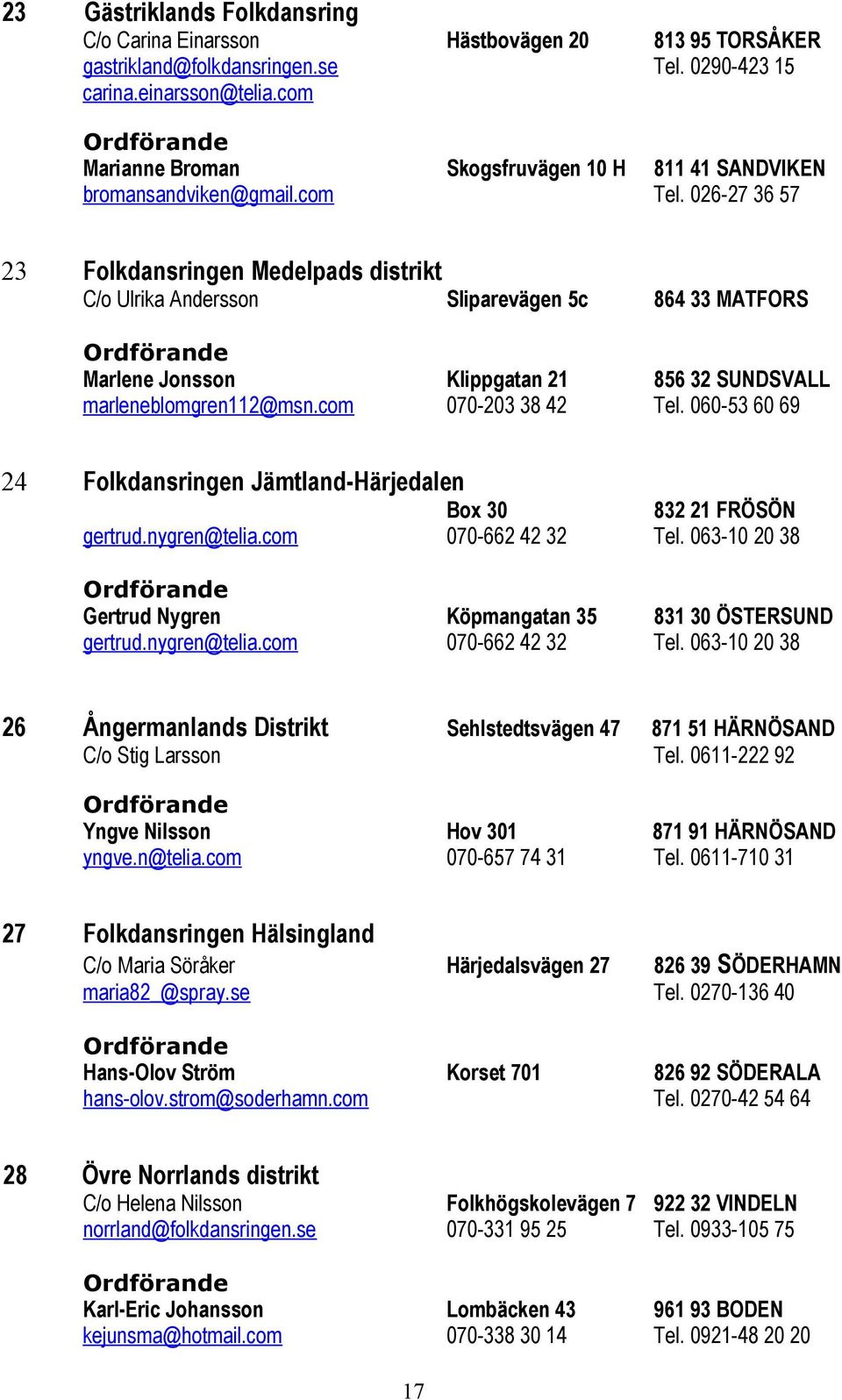 026-27 36 57 23 Folkdansringen Medelpads distrikt C/o Ulrika Andersson Sliparevägen 5c 864 33 MATFORS Marlene Jonsson Klippgatan 21 856 32 SUNDSVALL marleneblomgren112@msn.com 070-203 38 42 Tel.