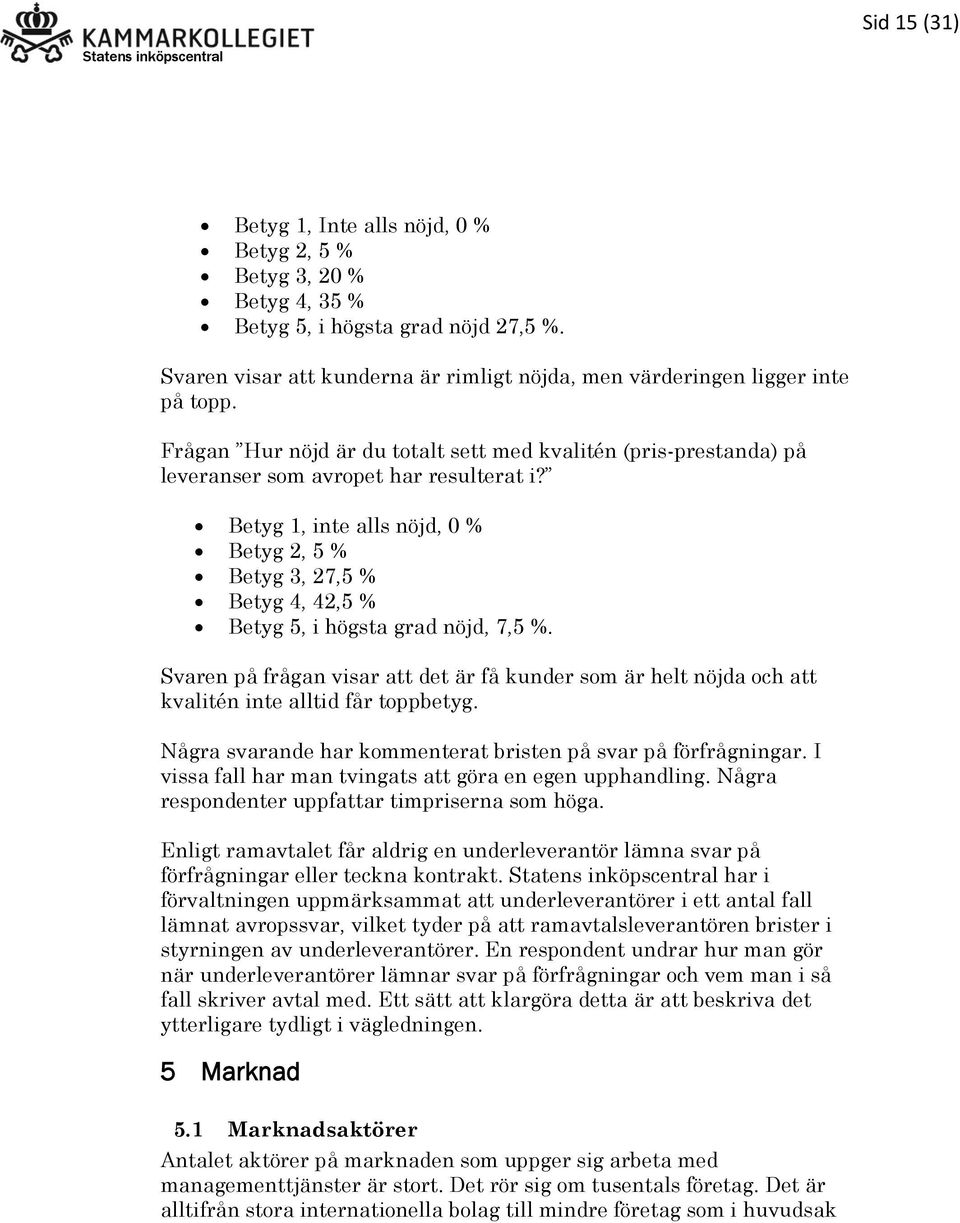 Betyg 1, inte alls nöjd, 0 % Betyg 2, 5 % Betyg 3, 27,5 % Betyg 4, 42,5 % Betyg 5, i högsta grad nöjd, 7,5 %.