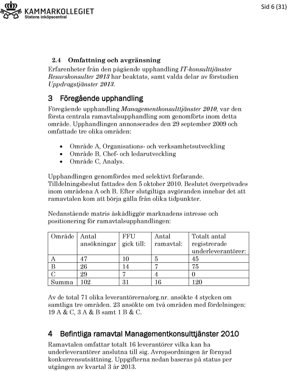 Upphandlingen annonserades den 29 september 2009 och omfattade tre olika områden: Område A, Organisations- och verksamhetsutveckling Område B, Chef- och ledarutveckling Område C, Analys.