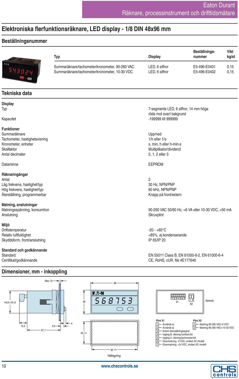 Upp/ned Tachometer, hastighetsvisning 1/h eller 1/s Kronometer, enheter s, min, h eller h-min-s Skalfaktor Multiplikator/dividend Antal decimaler 0, 1, 2 eller 3 Dataminne EEPROM Räknaringångar Antal