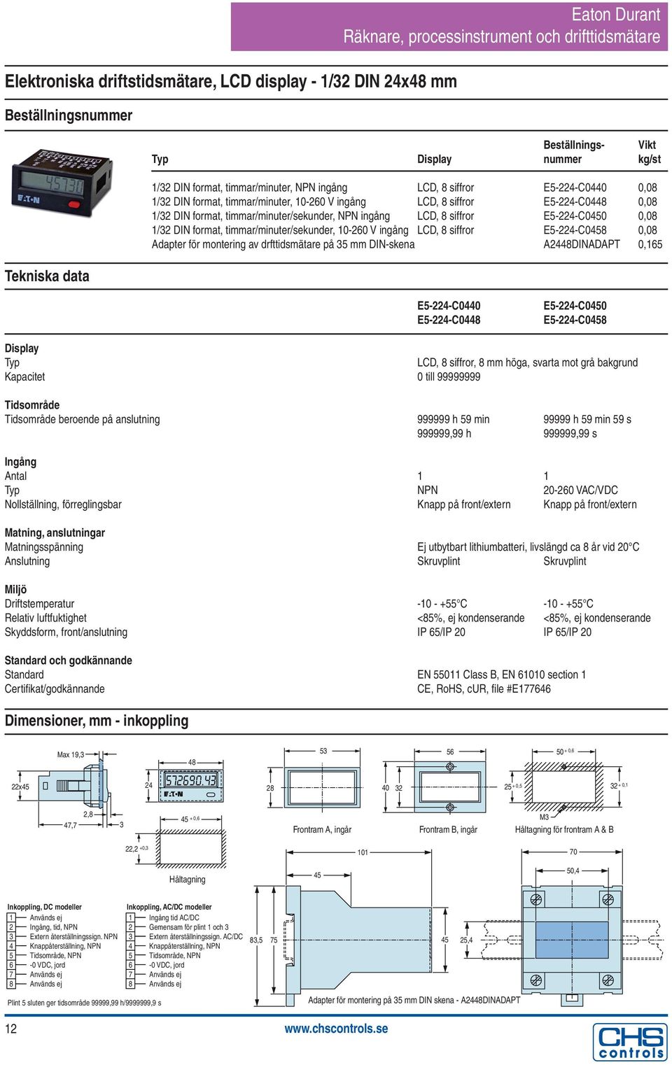 10-260 V ingång LCD, 8 siffror E5-224-C0458 0,08 Adapter för montering av drfttidsmätare på 35 mm DIN-skena A24DINADAPT 0,165 E5-224-C0440 E5-224-C04 E5-224-C0450 E5-224-C0458 Typ LCD, 8 siffror, 8