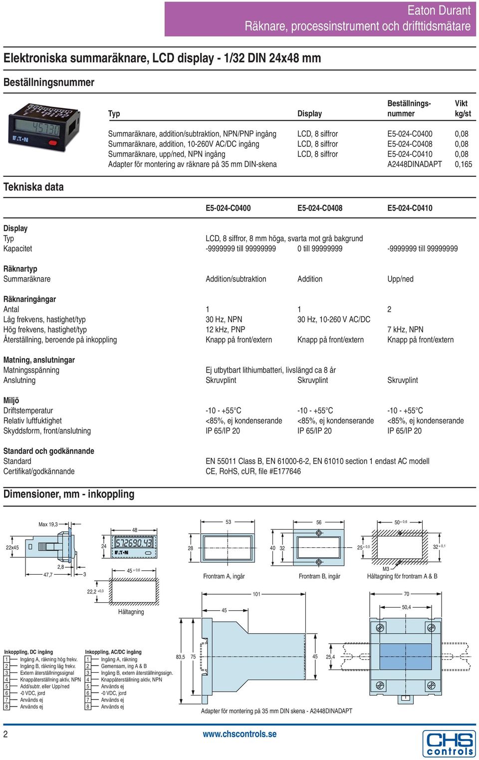 A24DINADAPT 0,165 E5-024-C0400 E5-024-C0408 E5-024-C0410 Typ LCD, 8 siffror, 8 mm höga, svarta mot grå bakgrund Kapacitet -9999999 till 99999999 0 till 99999999-9999999 till 99999999 Räknartyp