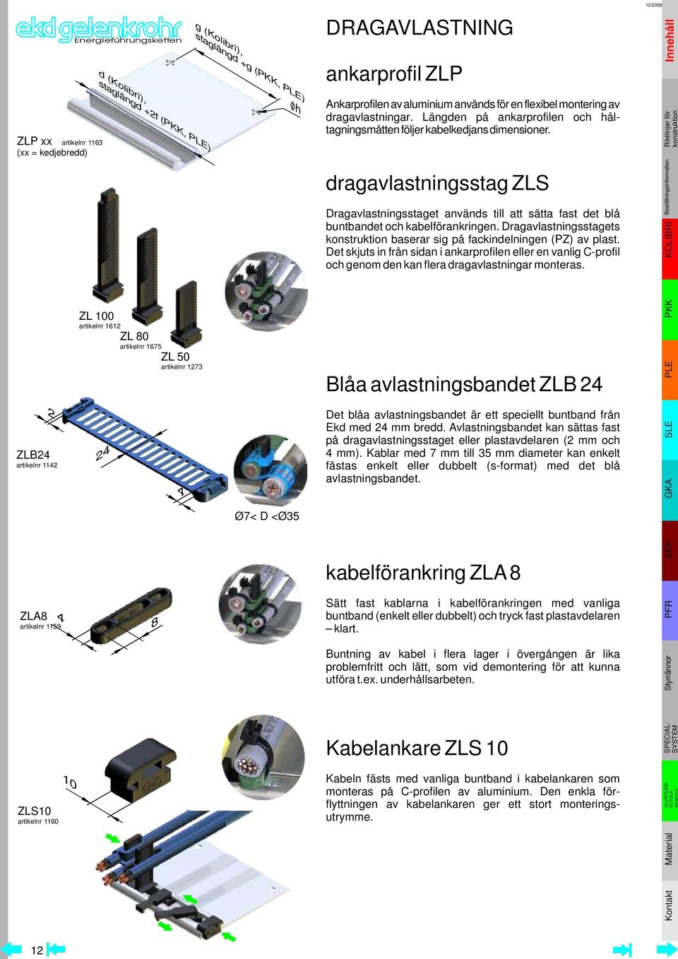 Längden på ankarprofilen och håltagningsmåtten följer kabelkedjans dimensioner. dragavlastningsstag ZLS Dragavlastningsstaget används till att sätta fast det blå buntbandet och kabelförankringen.