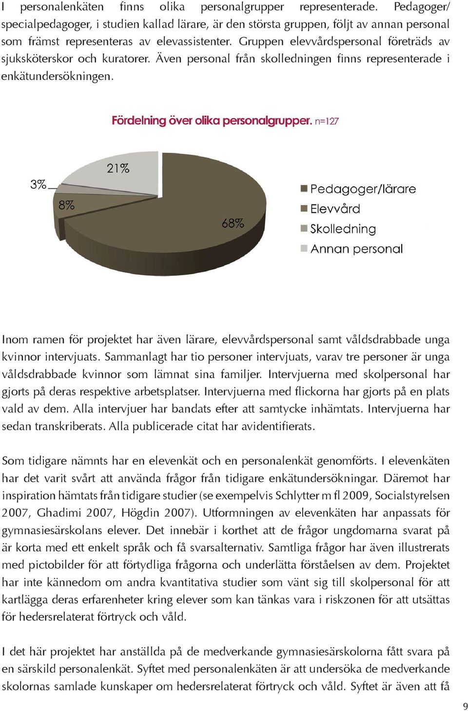 Gruppen elevvårdspersonal företräds av sjuksköterskor och kuratorer. Även personal från skolledningen finns representerade i enkätundersökningen.