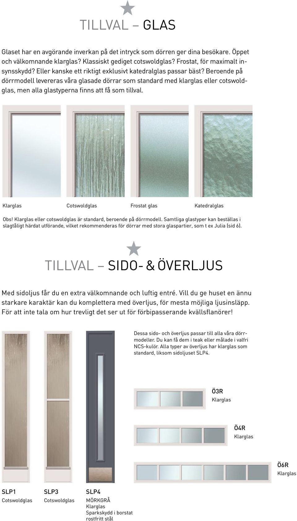 Beroende på dörrmodell levereras våra glasade dörrar som standard med klarglas eller cotswoldglas, men alla glastyperna finns att få som tillval. Frostat glas Katedralglas Obs!