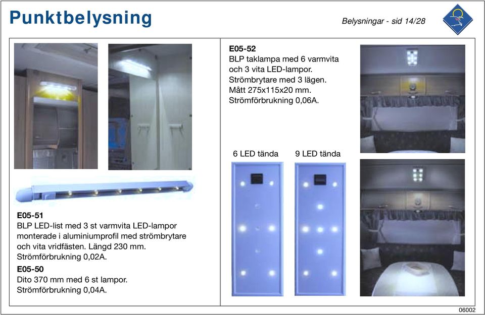 6 LED tända 9 LED tända E05-51 BLP LED-list med 3 st varmvita LED-lampor monterade i aluminiumprofil