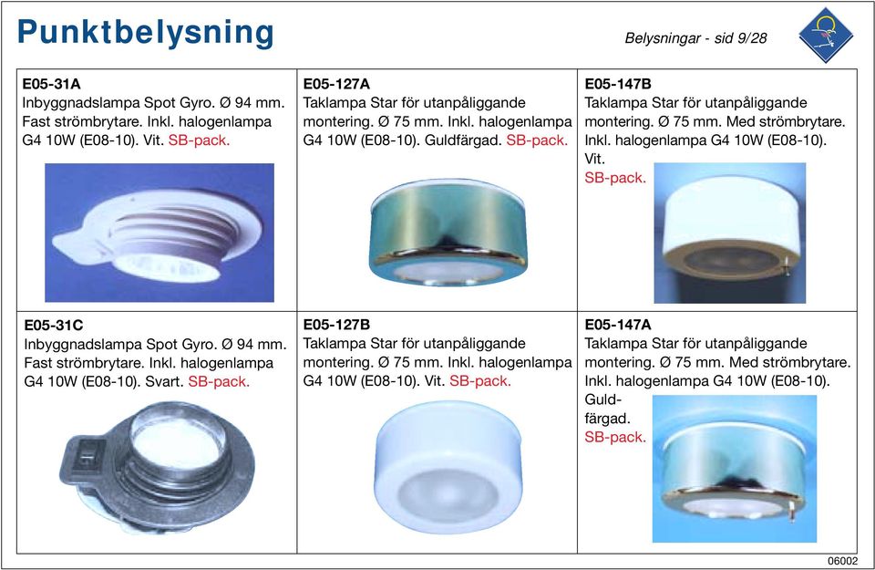 Inkl. halogenlampa G4 10W (E08-10). Vit. E05-31C Inbyggnadslampa Spot Gyro. Ø 94 mm. Fast strömbrytare. Inkl. halogenlampa G4 10W (E08-10). Svart.