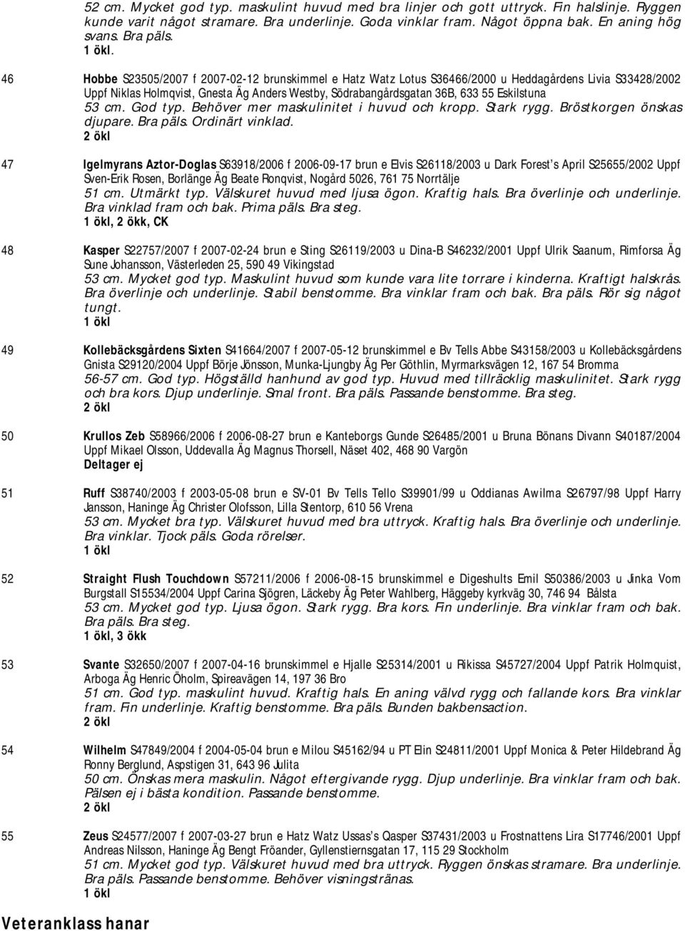 . 46 Hobbe S23505/2007 f 2007-02-12 brunskimmel e Hatz Watz Lotus S36466/2000 u Heddagårdens Livia S33428/2002 Uppf Niklas Holmqvist, Gnesta Äg Anders Westby, Södrabangårdsgatan 36B, 633 55