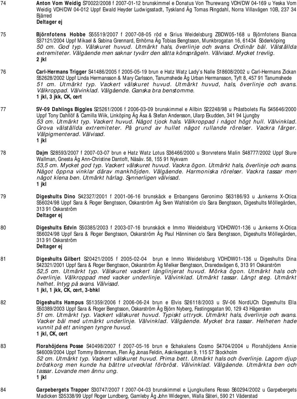 Bengtsson, Munkbrogatan 16, 61434 Söderköping 50 cm. God typ. Välskuret huvud. Utmärkt hals, överlinje och svans. Ordinär bål. Välställda extremiteter.