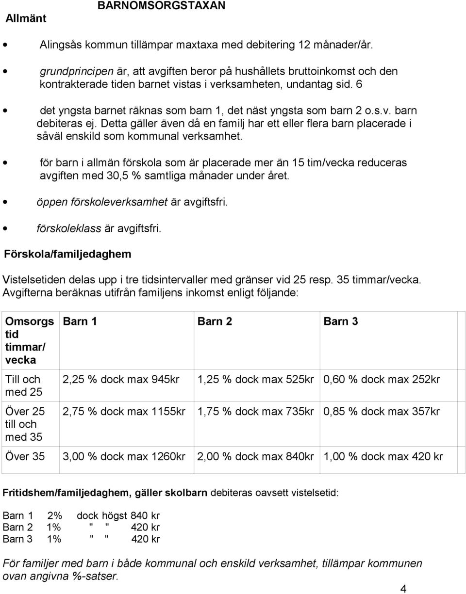 6 det yngsta barnet räknas som barn 1, det näst yngsta som barn 2 o.s.v. barn debiteras ej. Detta gäller även då en familj har ett eller flera barn placerade i såväl enskild som kommunal verksamhet.