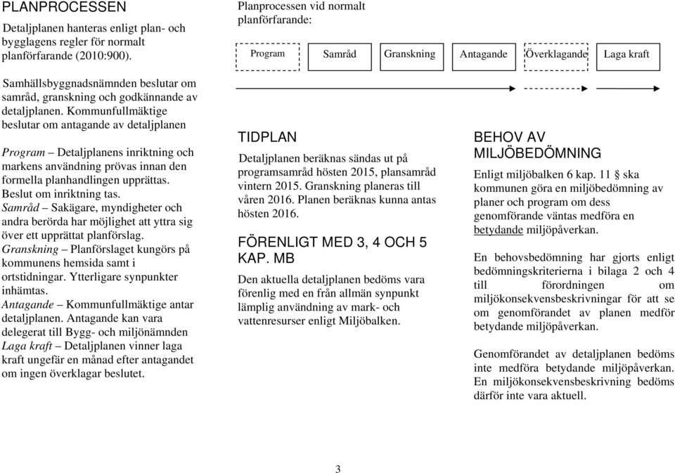 Kommunfullmäktige beslutar om antagande av detaljplanen Program Detaljplanens inriktning och markens användning prövas innan den formella planhandlingen upprättas. Beslut om inriktning tas.