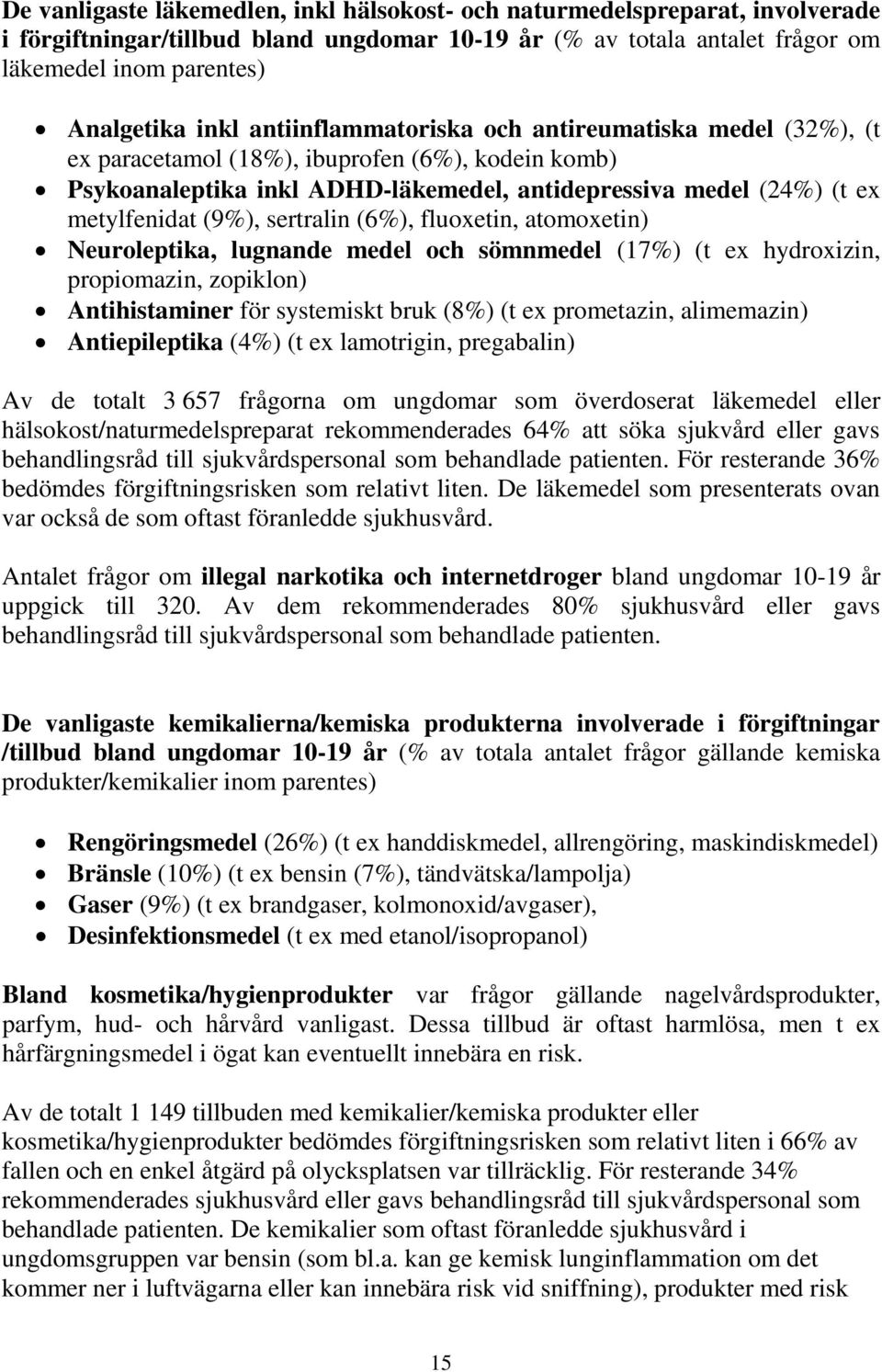sertralin (6%), fluoxetin, atomoxetin) Neuroleptika, lugnande medel och sömnmedel (17%) (t ex hydroxizin, propiomazin, zopiklon) Antihistaminer för systemiskt bruk (8%) (t ex prometazin, alimemazin)
