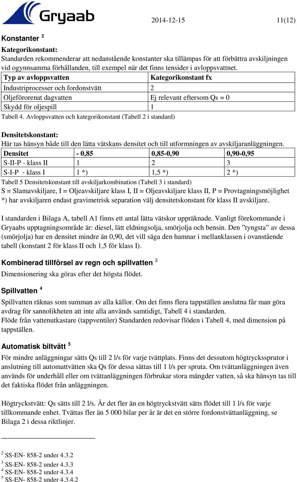 Avloppsvatten och kategorikonstant (Tabell 2 i standard) Densitetskonstant: Här tas hänsyn både till den lätta vätskans densitet och till utformningen av avskiljaranläggningen.