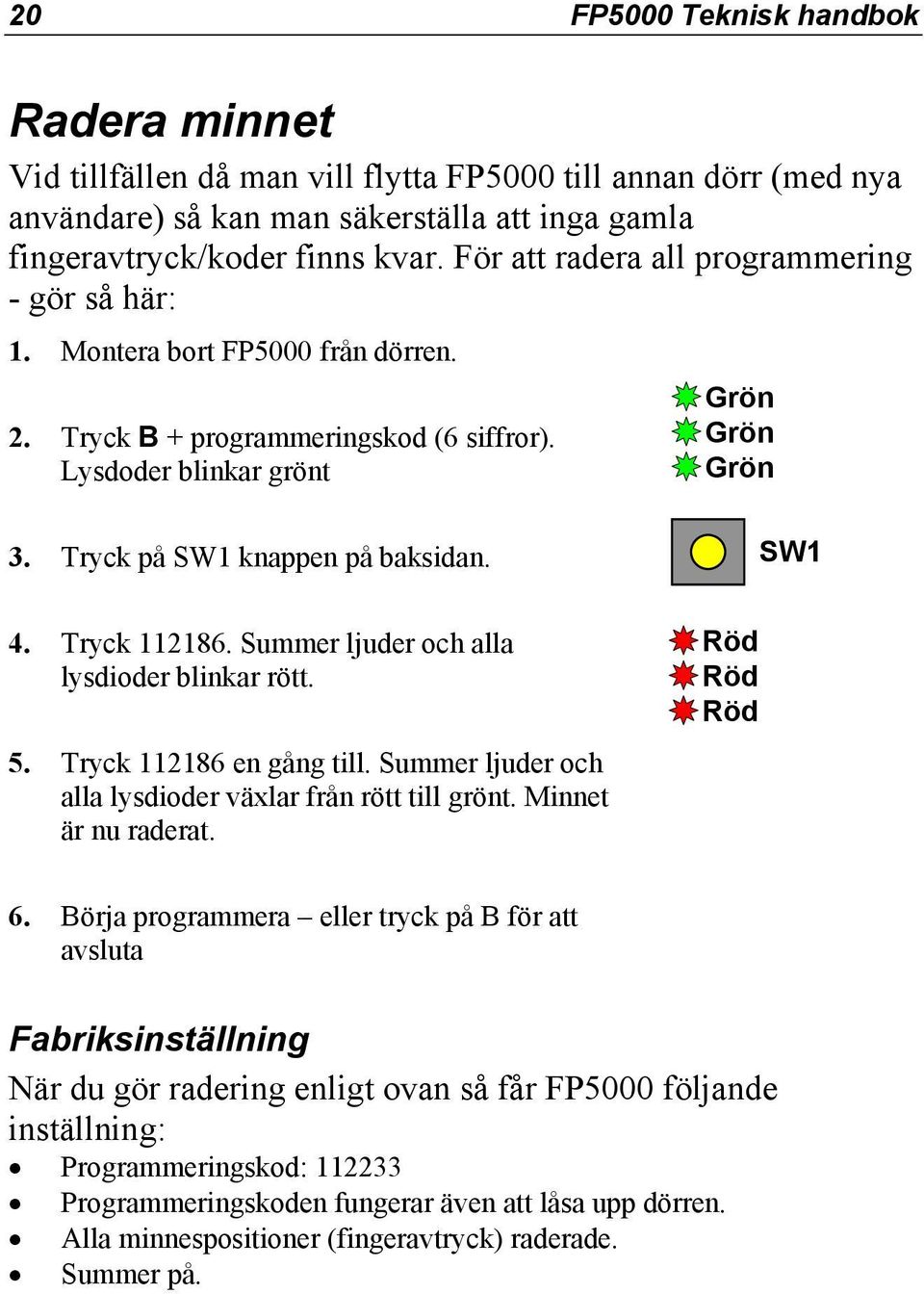 Tryck 112186. Summer ljuder och alla lysdioder blinkar rött. 5. Tryck 112186 en gång till. Summer ljuder och alla lysdioder växlar från rött till grönt. Minnet är nu raderat. Röd Röd Röd 6.