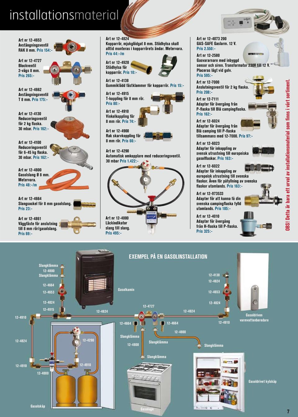 Pris 48:-/m Art nr 12-4664 Slangsockel för 8 mm gasolslang. Pris 23:- Art nr 12-4861 Väggfäste för anslutning till 8 mm rör/gasolslang. Pris 69:- Art nr 12-4824 Kopparrör, mjukglödgat 8 mm.