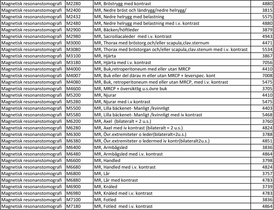 kontrast 4880 Magnetisk resonanstomografi M2900 MR, Bäcken/höftleder 3879 Magnetisk resonanstomografi M2980 MR, Sacroiliacaleder med i.v.