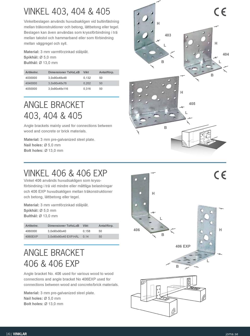 ulthål: Ø 13,0 mm 403 404 Artikelnr. Dimensioner Txxx Vikt Antal/förp.