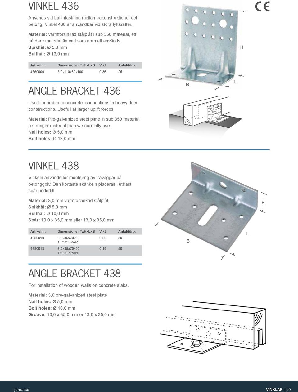 4360000 3,0x110x60x100 0,36 25 ANGE RACKET 436 Used for timber to concrete connections in heavy duty constructions. Usefull at larger uplift forces.