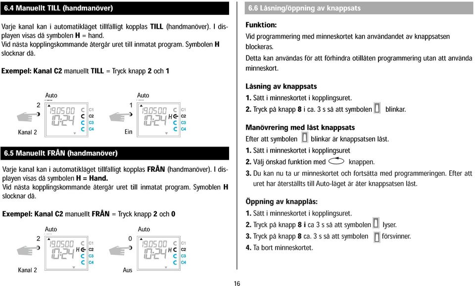 5 Manuellt FRÅN(handmanöver) Varje playen kanal visas kan då symbolen i automatikläget H=Hand. tillfälligt kopplasfrån(handmanöver).i dis- slocknar Vid nästa då.
