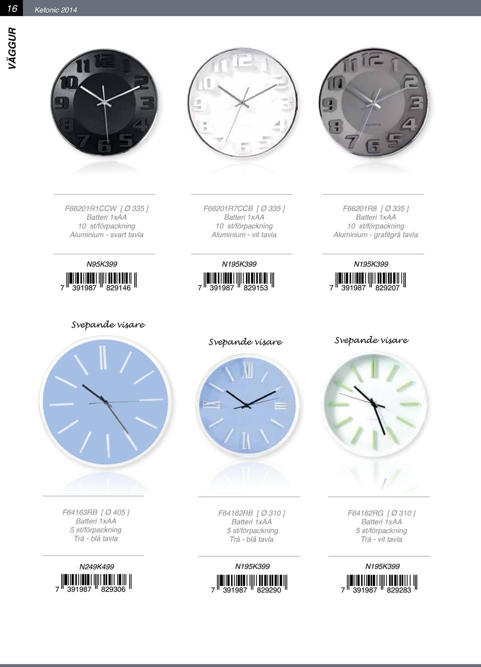 829207 Svepande visare Svepande visare Svepande visare F64163RB [ Ø 405 ] Trä - blå tavla F64162RB [ Ø 310 ] Trä -