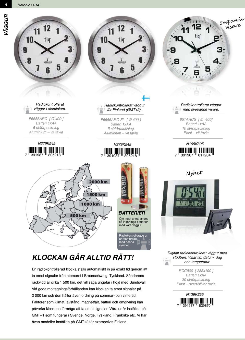 Radiokontrollerat väggur för Finland (GMT+2). N195K395 N279K549 7 391987 805218 7 391987 817204 Nyhet BATTERIER Om inget annat anges så ingår inga batterier med våra väggur.
