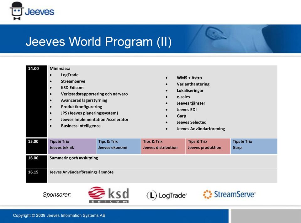 planeringssystem) Jeeves Implementation Accelerator Business Intelligence WMS + Astro Varianthantering Lokaliseringar e-sales Jeeves tjänster