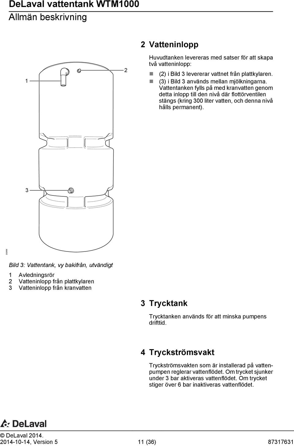 3 232956 Bild 3: Vattentank, vy bakifrån, utvändigt 1 Avledningsrör 2 Vatteninlopp från plattkylaren 3 Vatteninlopp från kranvatten 3 Trycktank Trycktanken används för att minska pumpens drifttid.