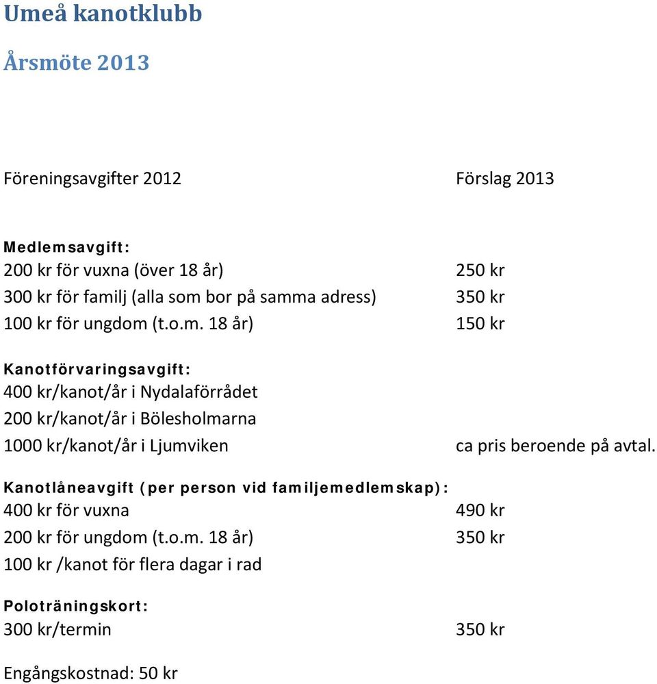 kr/kanot/år i Bölesholmarna 1000 kr/kanot/år i Ljumviken ca pris beroende på avtal.