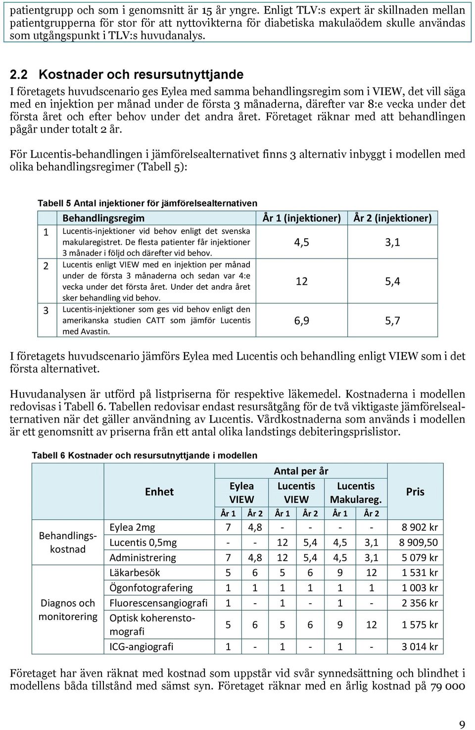 2 Kostnader och resursutnyttjande I företagets huvudscenario ges Eylea med samma behandlingsregim som i VIEW, det vill säga med en injektion per månad under de första 3 månaderna, därefter var 8:e