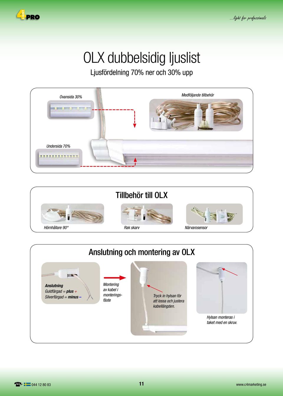 OLX Anslutning Guldfärgad = plus + Silverfärgad = minus Montering av kabel i monteringsfäste Tryck