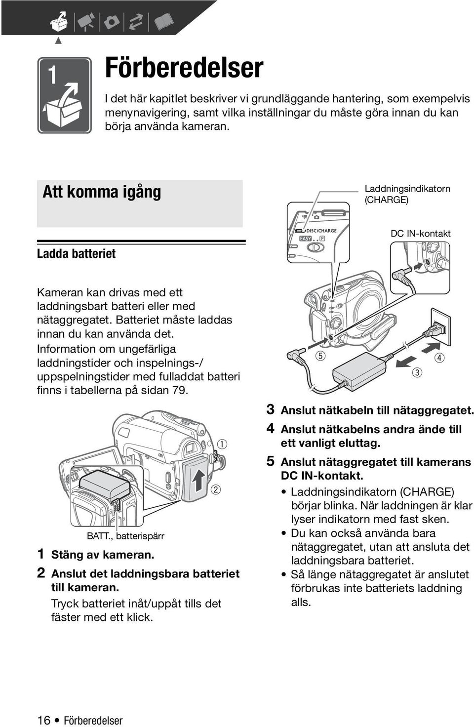 Batteriet måste laddas innan du kan använda det. Information om ungefärliga laddningstider och inspelnings-/ uppspelningstider med fulladdat batteri finns i tabellerna på sidan 79. BATT.