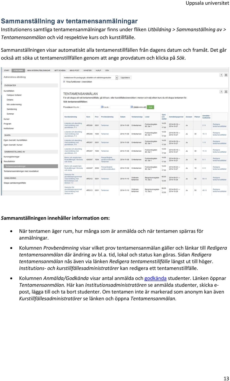 Sammanställningen innehåller information om: När tentamen äger rum, hur många som är anmälda och när tentamen spärras för anmälningar.
