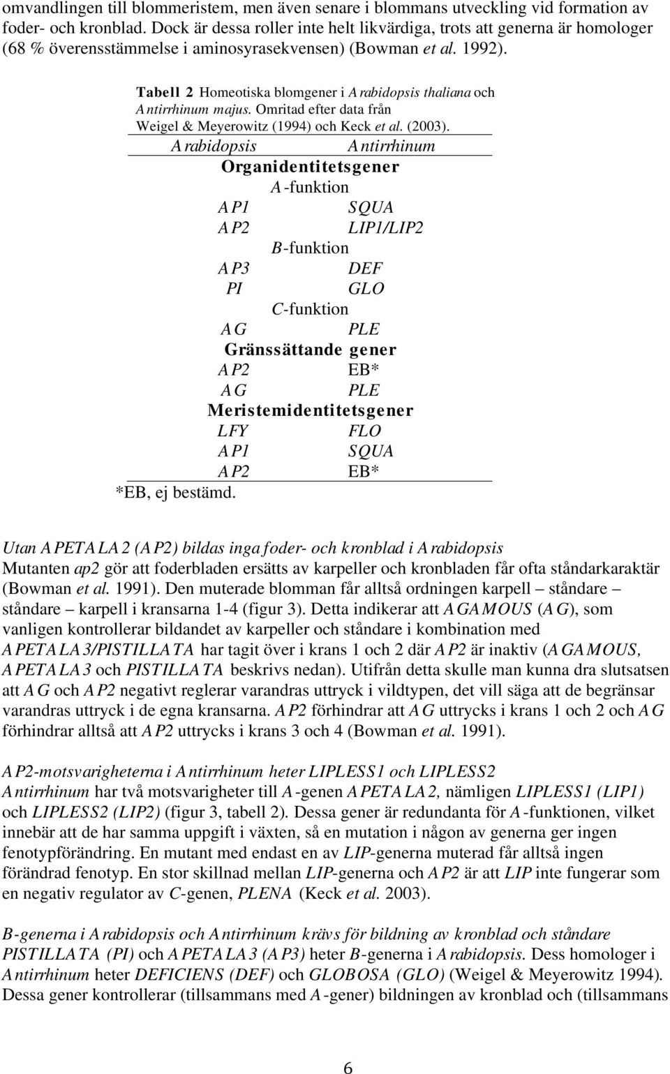 Tabell 2 Homeotiska blomgener i Arabidopsis thaliana och Antirrhinum majus. Omritad efter data från Weigel & Meyerowitz (1994) och Keck et al. (2003).